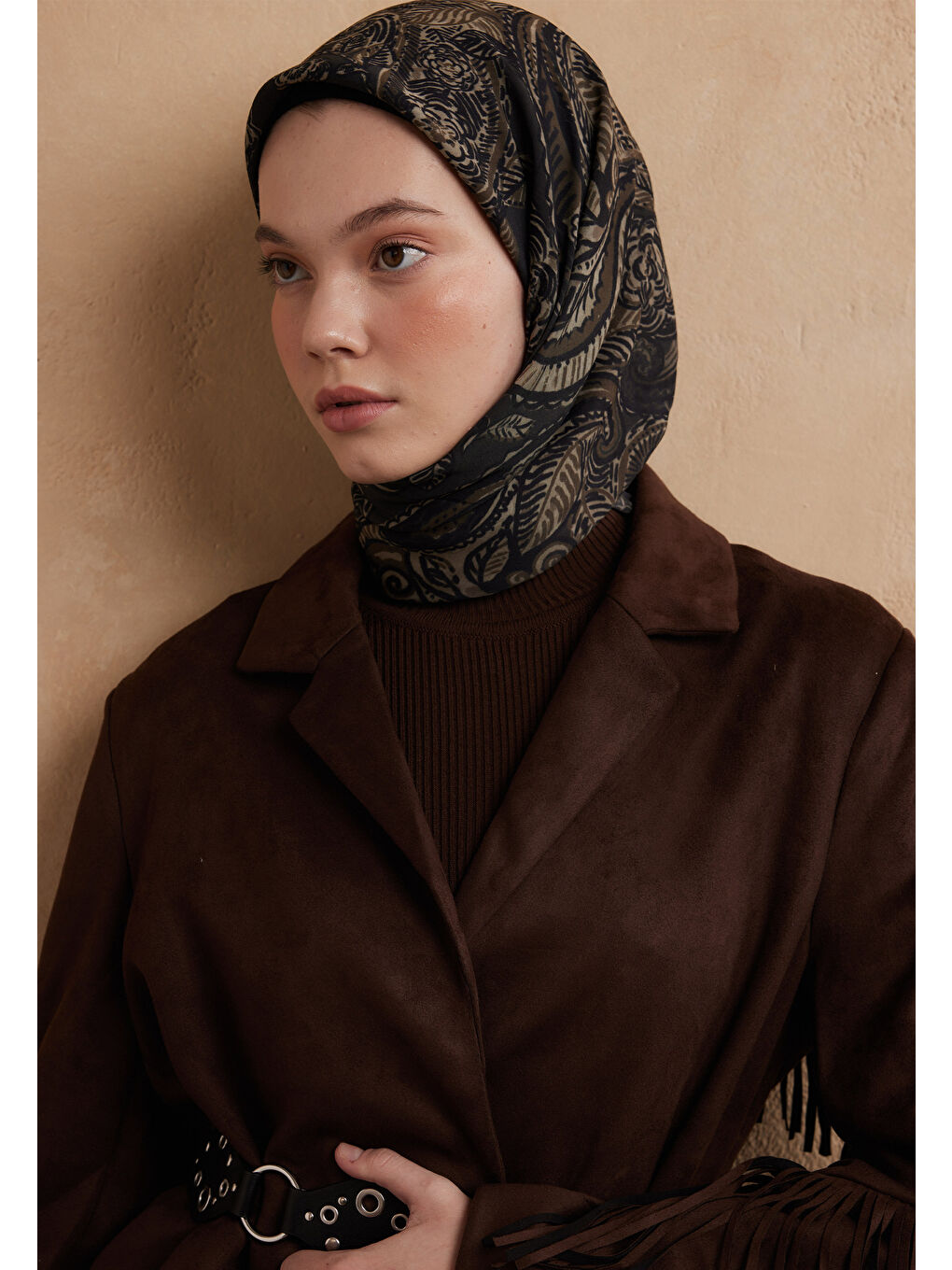 Florıan Desen Pamuk İpek Eşarp Koyu Haki-3