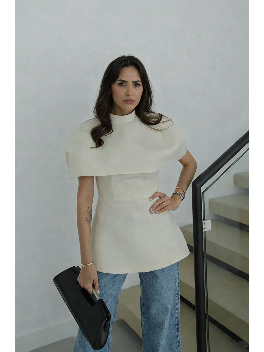 Ekru Kadın Krem Pelerin Detay İki Parça Bluz 0331-1
