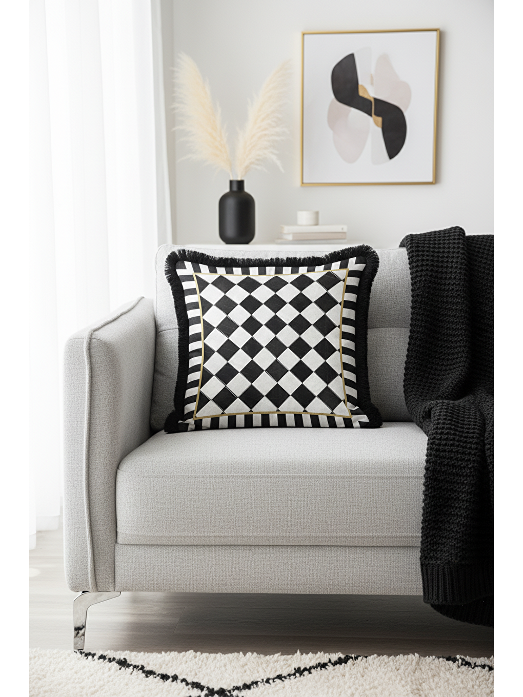 Karışık Lüks Vizyon Kareli Saçaklı Yastık Kılıfı - Monokrom Modern Altın Renkli Püsküllü Kırlent Kılıfı