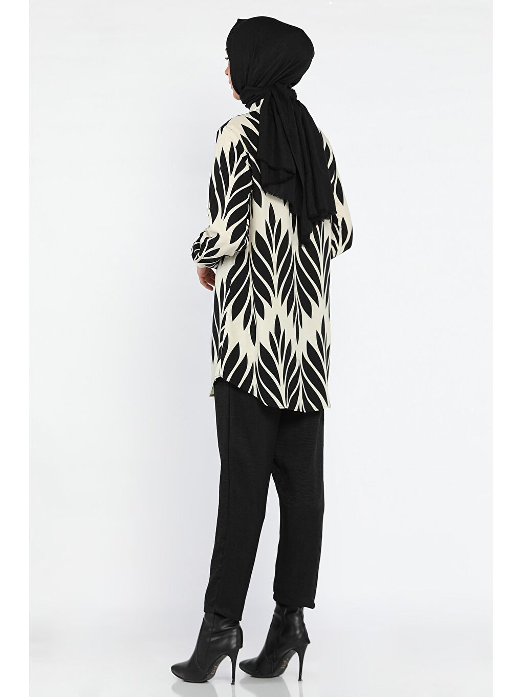 Ekru Büyük Beden Desenli Tunik Pantolon Tesettür İkili Takım-4