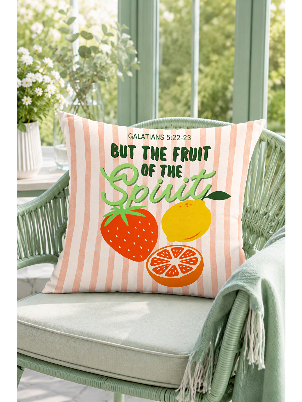 Beyaz Fruit Of The Spirit Meyve Yazı Baskılı Dekoratif Kırlent Kılıfı Modern Dekor 43x43 Cm-4