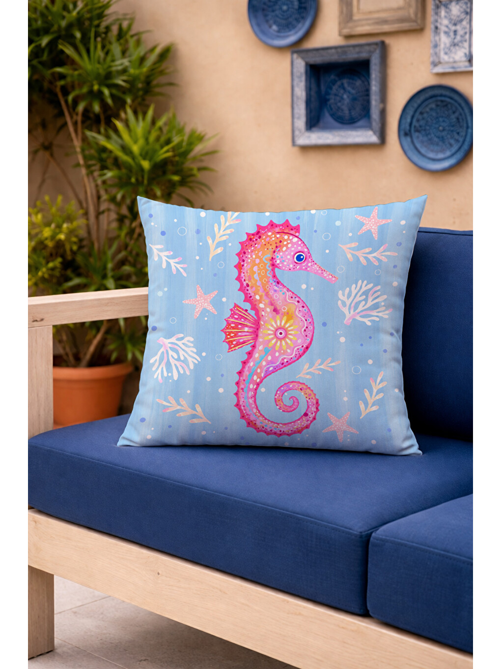 Denizatı Mercan Desenli Dekoratif Kırlent Kılıfı Mavi Pembe Marin Dekor 43x43 Cm-6