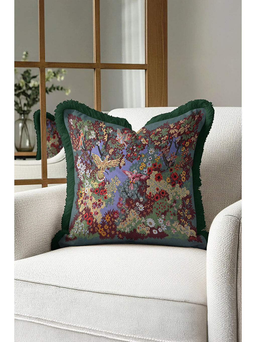 Karışık Lüks Kuşlu Çiçek Bahçesi Saçaklı Yastık Kılıfı - Vintage Botanik Rustik Tema Püsküllü Kırlent Kılıfı-3