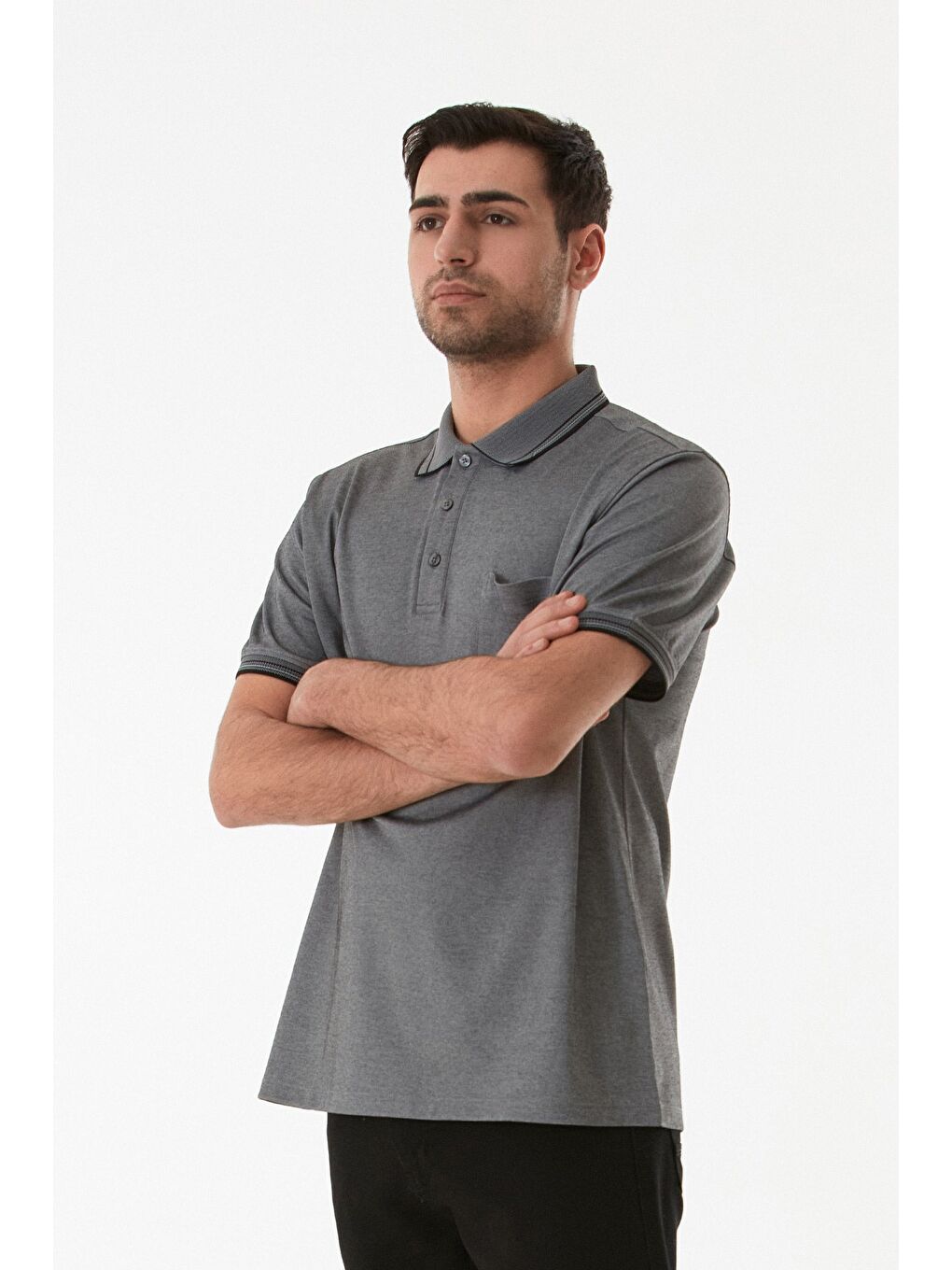 Gri Cepli Düğmeli Polo Yaka Tişört-2