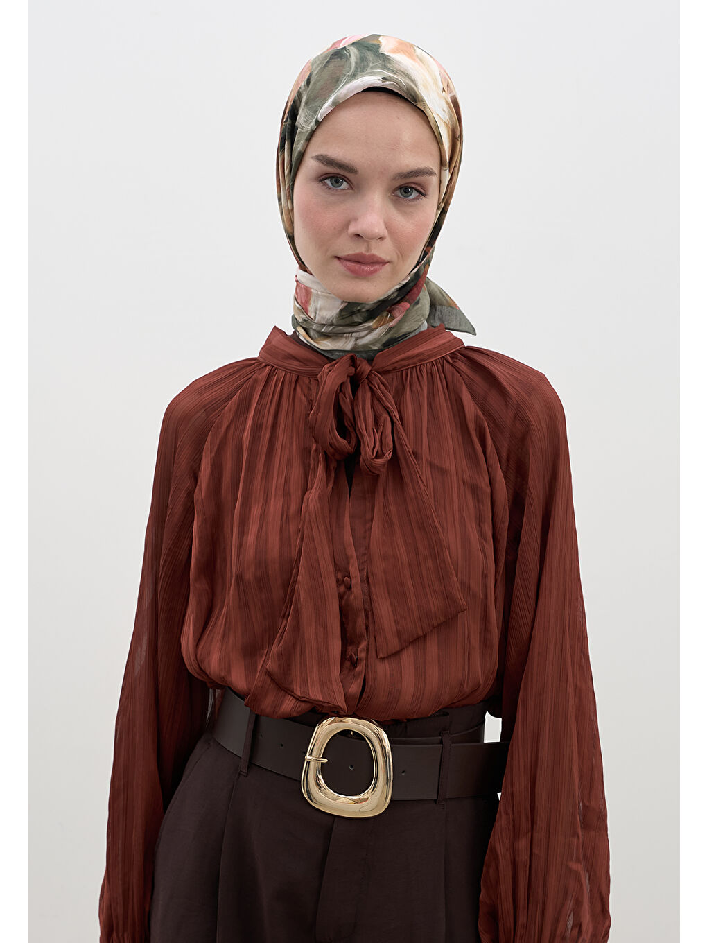 Mıdnıght Floral Desen Pamuklu Viskon Eşarp Haki-2