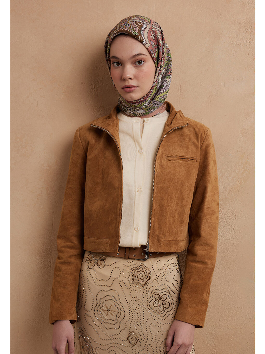 Pembe Etnıc Floral Desen Pamuk İpek Eşarp Somon-3