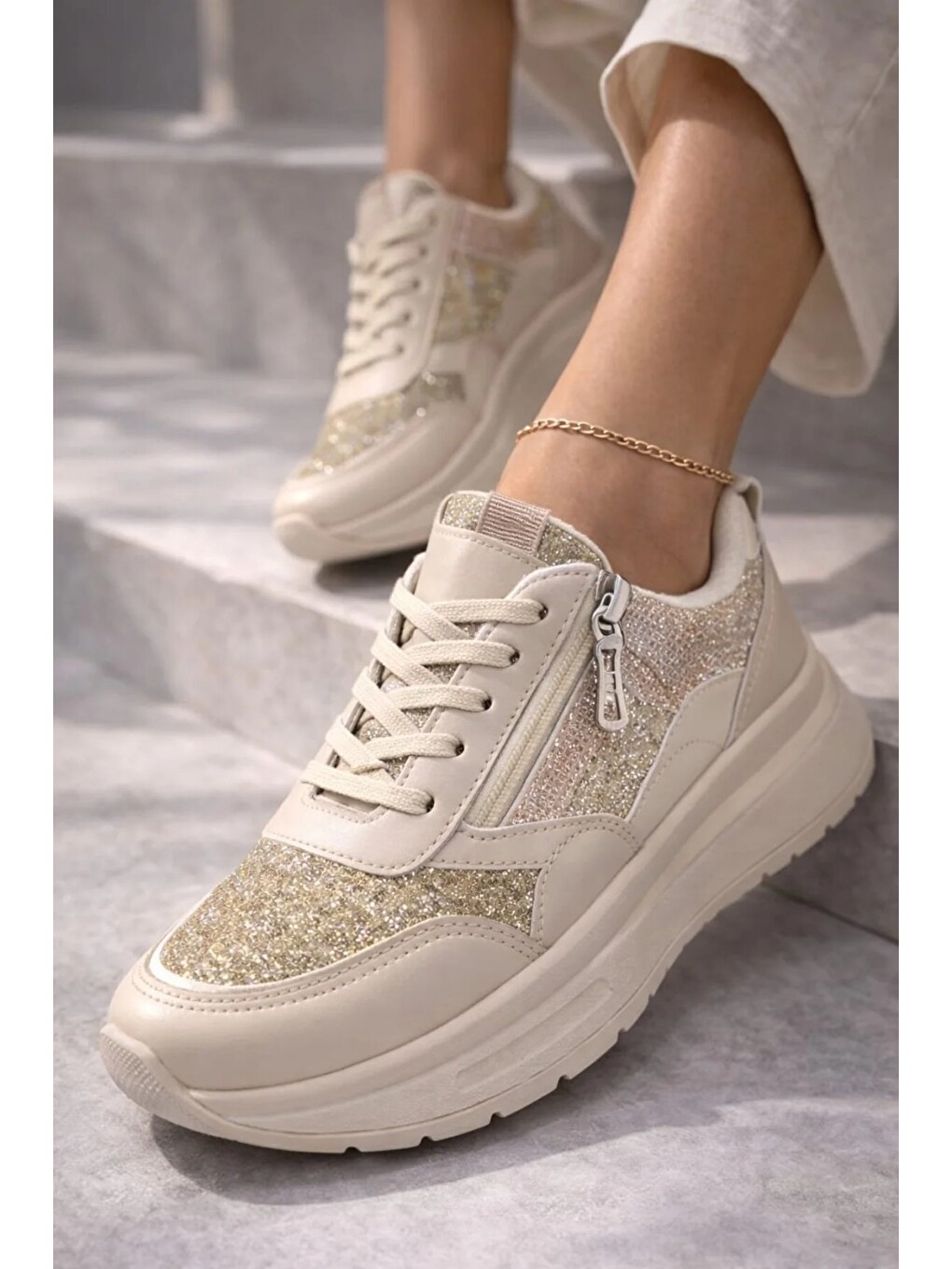Ekru Yan Fermuarlı Işıltılı Trend 5 Cm Platform Kadın Sneaker Spor Ayakkabı-1