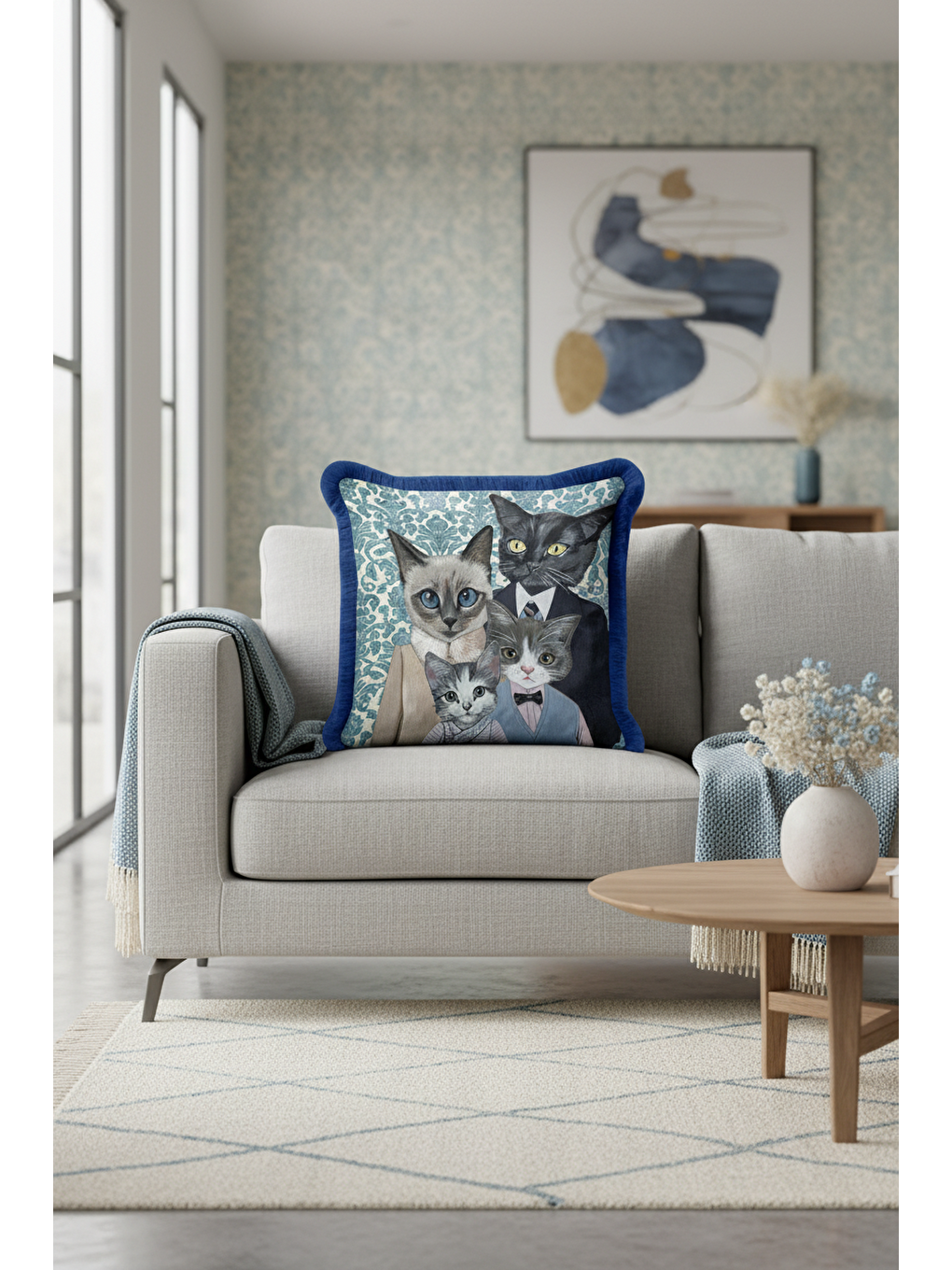 Karışık Royal Kedi Ailesi Saçaklı Yastık Kılıfı - Vintage Bohem Mavi Püsküllü Kırlent Kılıfı-4