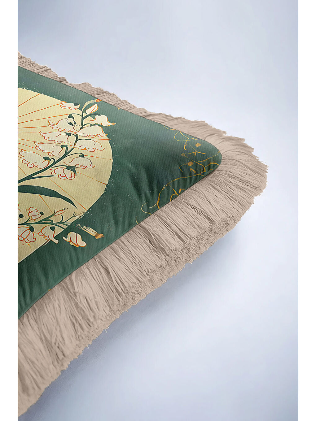 Karışık Vintage Güneş Doğası Saçaklı Yastık Kılıfı - Botanik Bohem Yeşil Sarı Püsküllü Kırlent Kılıfı-6