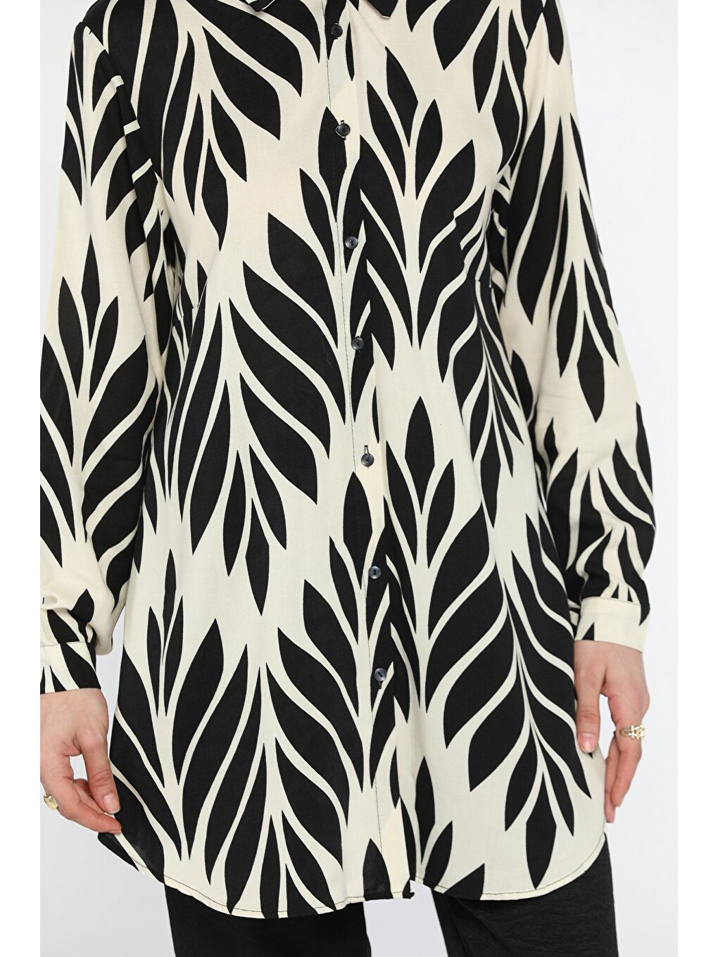 Ekru Büyük Beden Desenli Tunik Pantolon Tesettür İkili Takım-7