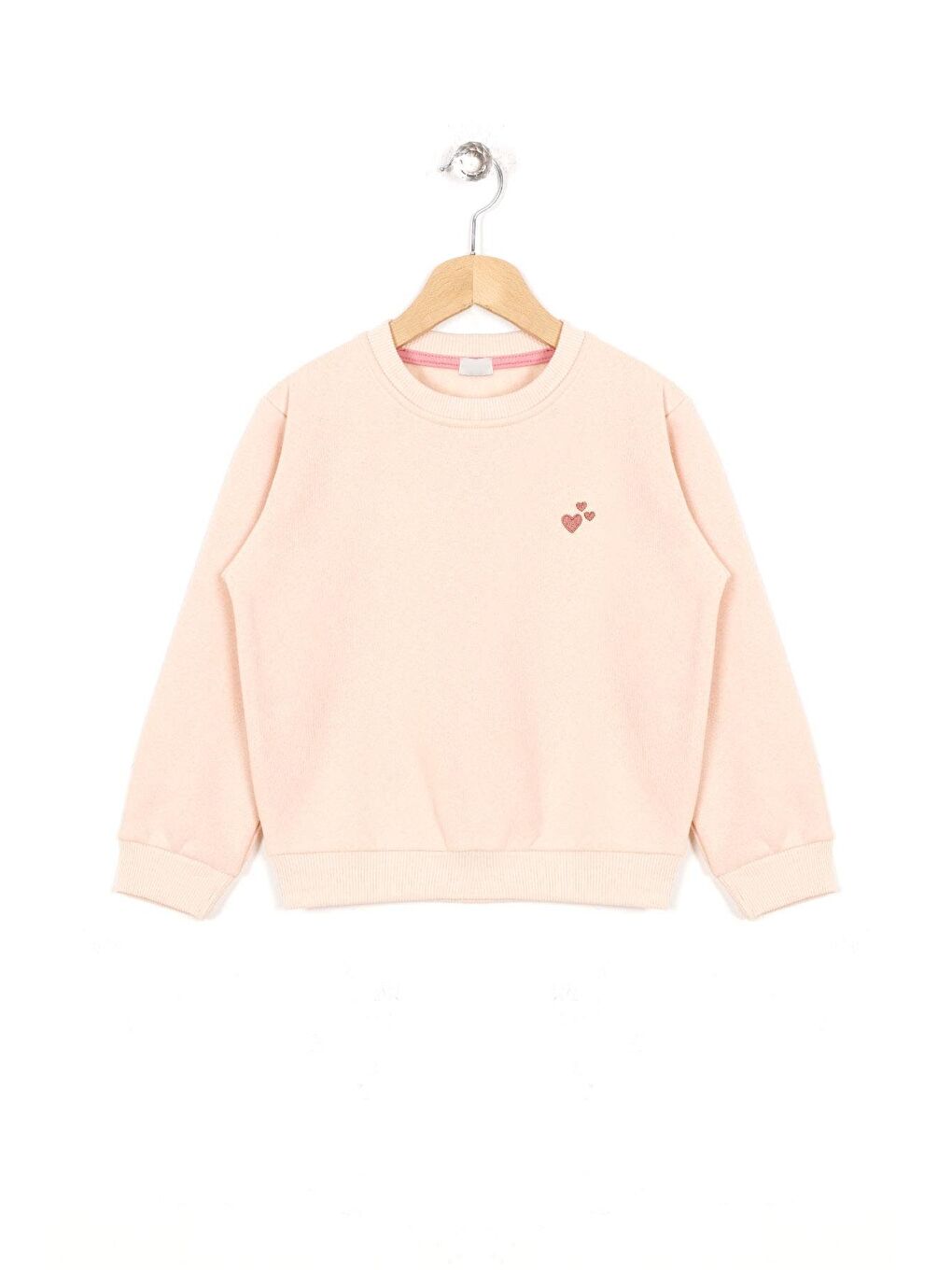 Pembe Bisiklet Yaka Kalp Nakışlı Şardonlu Kız Çocuk Sweatshirt