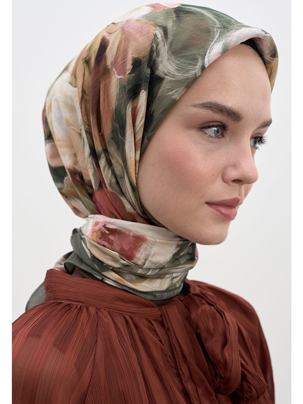 Mıdnıght Floral Desen Pamuklu Viskon Eşarp Haki-3