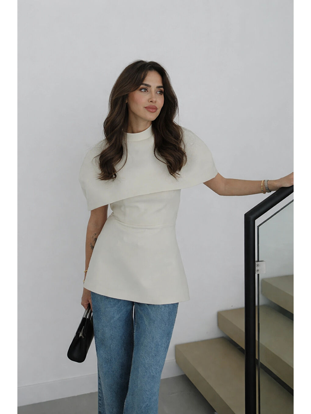 Ekru Kadın Krem Pelerin Detay İki Parça Bluz 0331-2