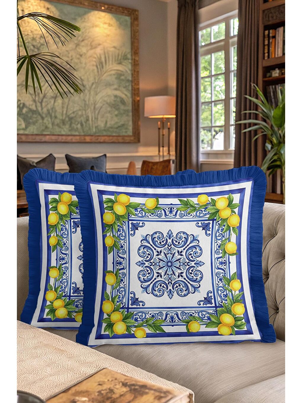 Karışık İtalyan Akdeniz Motifli Saçaklı Yastık Kılıfı - Limon Bahçesi Mavi Sarı Püsküllü Kırlent Kılıfı-7