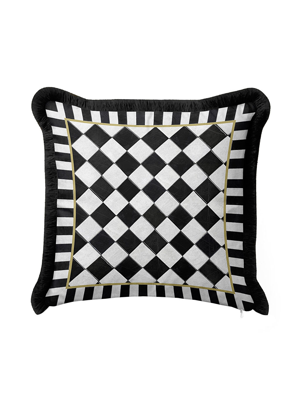 Karışık Lüks Vizyon Kareli Saçaklı Yastık Kılıfı - Monokrom Modern Altın Renkli Püsküllü Kırlent Kılıfı-1
