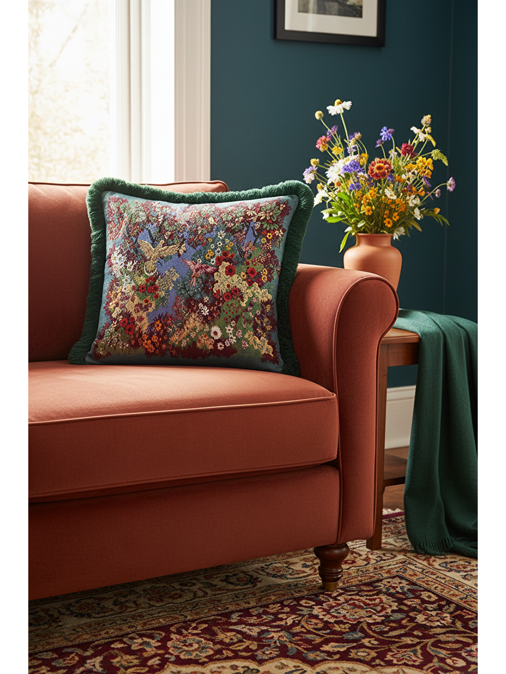 Karışık Lüks Kuşlu Çiçek Bahçesi Saçaklı Yastık Kılıfı - Vintage Botanik Rustik Tema Püsküllü Kırlent Kılıfı-4