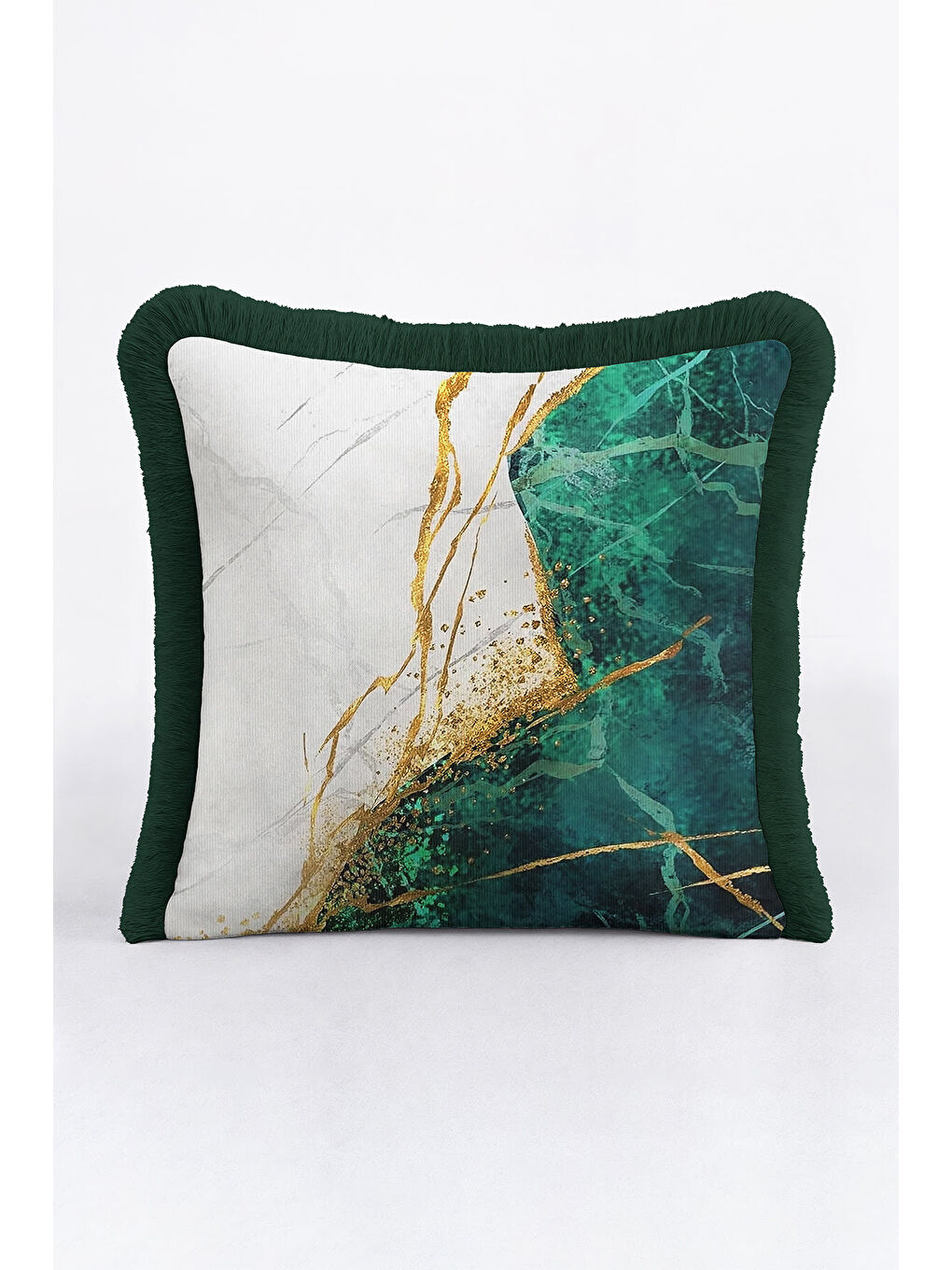 Karışık Zümrüt Mermer Altın Renkli Saçaklı Yastık Kılıfı - Lüks Modern Yeşil Altın Püsküllü Kırlent Kılıfı-3