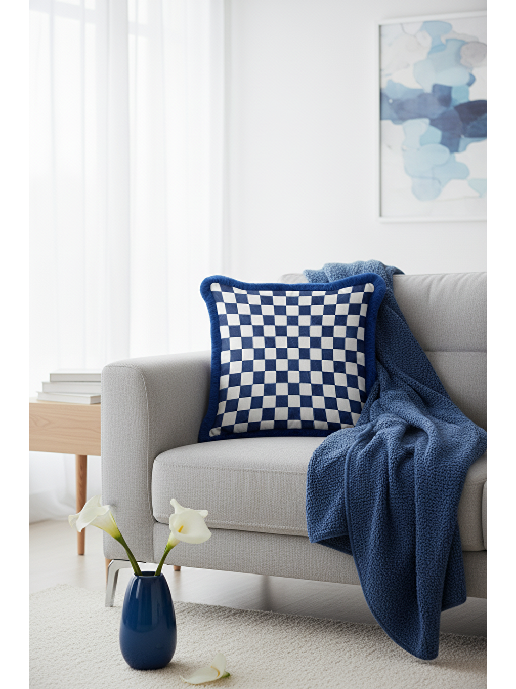 Karışık Zarif Kareli Saçaklı Yastık Kılıfı - Modern Marin Mavi Beyaz Püsküllü Kırlent Kılıfı-1