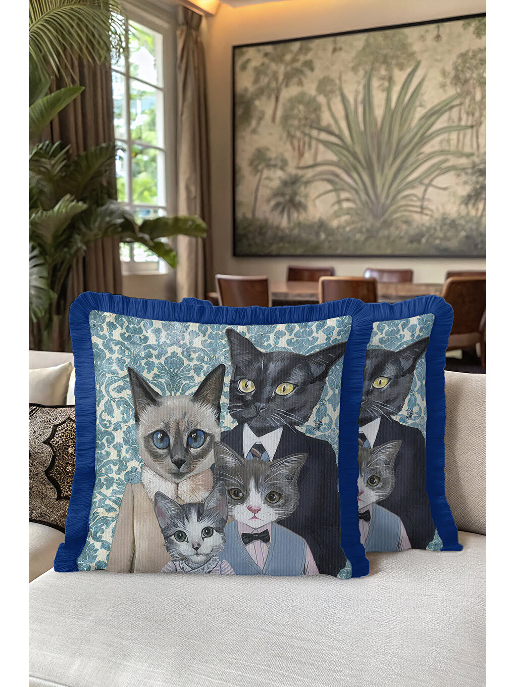 Karışık Royal Kedi Ailesi Saçaklı Yastık Kılıfı - Vintage Bohem Mavi Püsküllü Kırlent Kılıfı-5