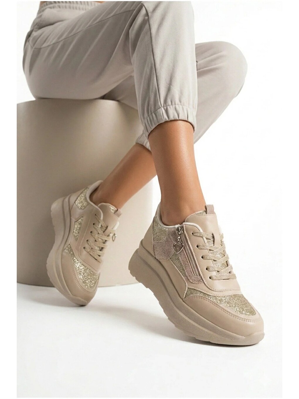 Ekru Yan Fermuarlı Işıltılı Trend 5 Cm Platform Kadın Sneaker Spor Ayakkabı-3