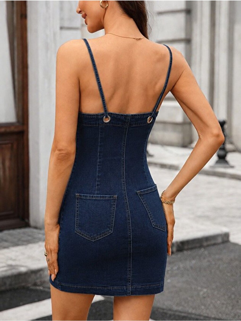 Mavi Kadın Ip Askılı Önü Düğmeli Kısa Jean Elbise-4