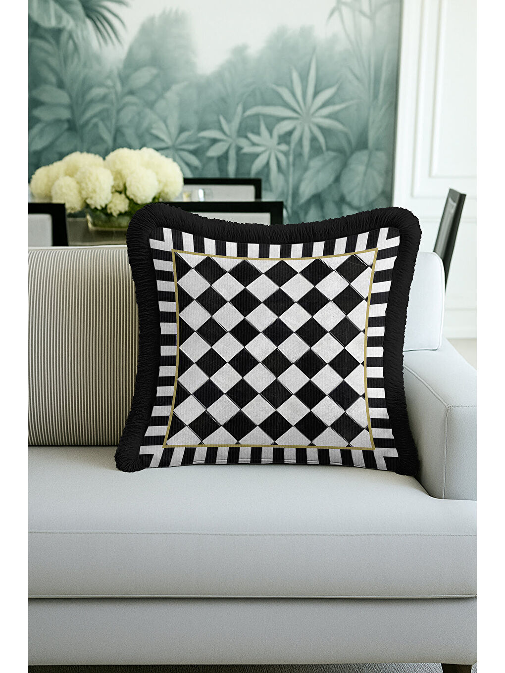Karışık Lüks Vizyon Kareli Saçaklı Yastık Kılıfı - Monokrom Modern Altın Renkli Püsküllü Kırlent Kılıfı-3
