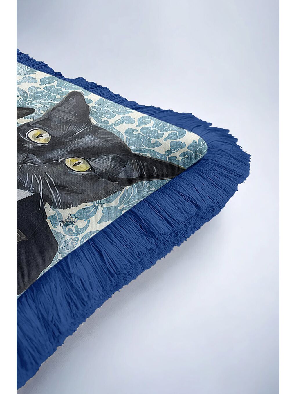 Karışık Royal Kedi Ailesi Saçaklı Yastık Kılıfı - Vintage Bohem Mavi Püsküllü Kırlent Kılıfı-6