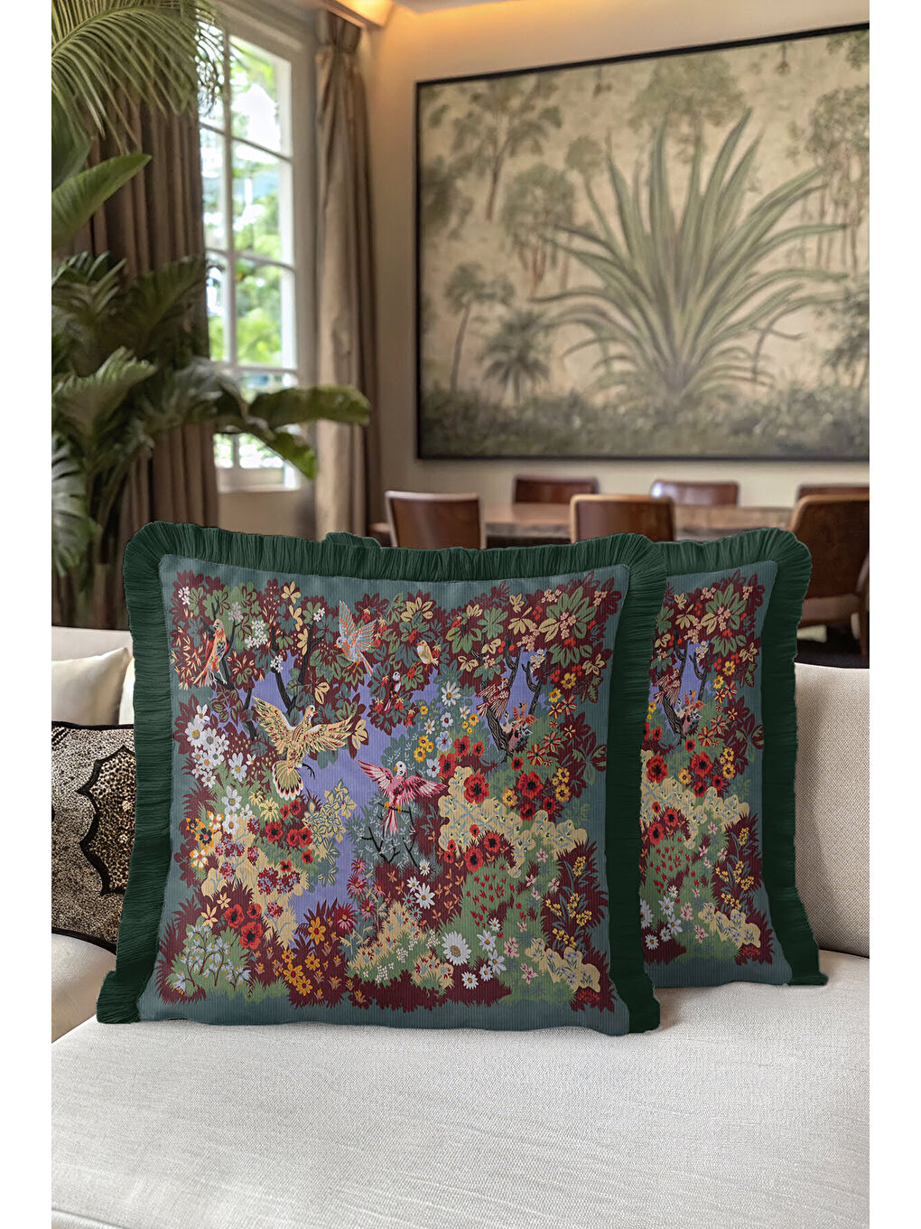 Karışık Lüks Kuşlu Çiçek Bahçesi Saçaklı Yastık Kılıfı - Vintage Botanik Rustik Tema Püsküllü Kırlent Kılıfı-5