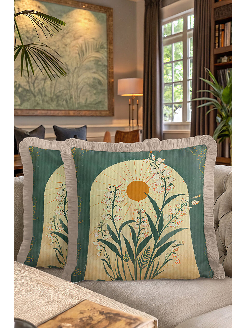 Karışık Vintage Güneş Doğası Saçaklı Yastık Kılıfı - Botanik Bohem Yeşil Sarı Püsküllü Kırlent Kılıfı-7