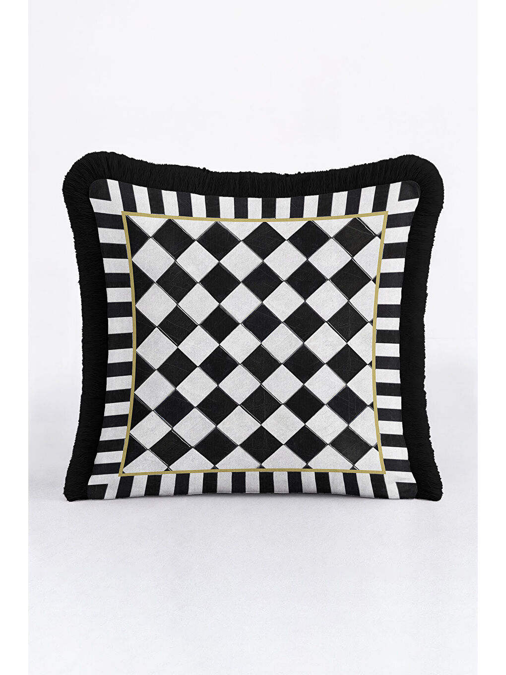 Karışık Lüks Vizyon Kareli Saçaklı Yastık Kılıfı - Monokrom Modern Altın Renkli Püsküllü Kırlent Kılıfı-4