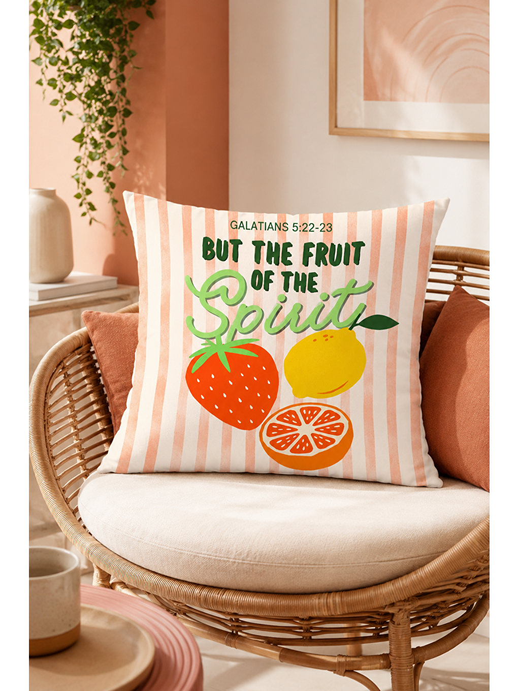 Beyaz Fruit Of The Spirit Meyve Yazı Baskılı Dekoratif Kırlent Kılıfı Modern Dekor 43x43 Cm-5