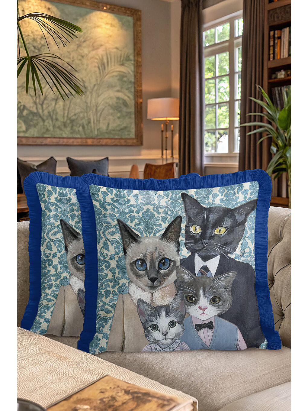 Karışık Royal Kedi Ailesi Saçaklı Yastık Kılıfı - Vintage Bohem Mavi Püsküllü Kırlent Kılıfı-7