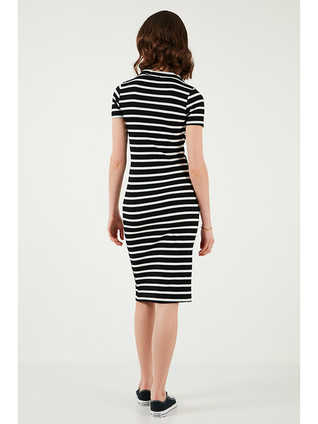 Siyah Streç Slim Fit Düğmeli Polo Yaka Kısa Kollu Mini Boy Çizgili Kadın Elbise 5866167-6