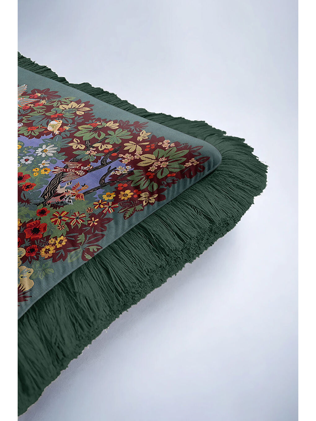 Karışık Lüks Kuşlu Çiçek Bahçesi Saçaklı Yastık Kılıfı - Vintage Botanik Rustik Tema Püsküllü Kırlent Kılıfı-6