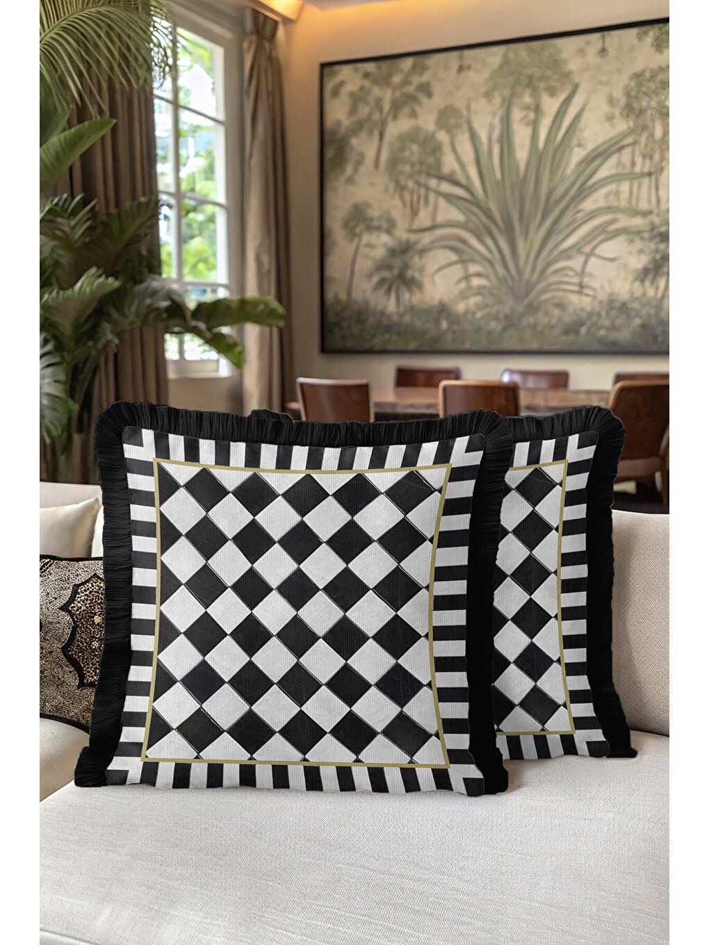 Karışık Lüks Vizyon Kareli Saçaklı Yastık Kılıfı - Monokrom Modern Altın Renkli Püsküllü Kırlent Kılıfı-5