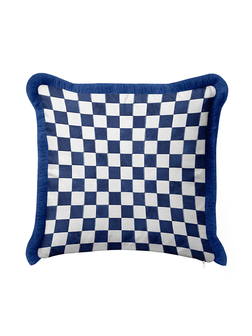 Karışık Zarif Kareli Saçaklı Yastık Kılıfı - Modern Marin Mavi Beyaz Püsküllü Kırlent Kılıfı-2