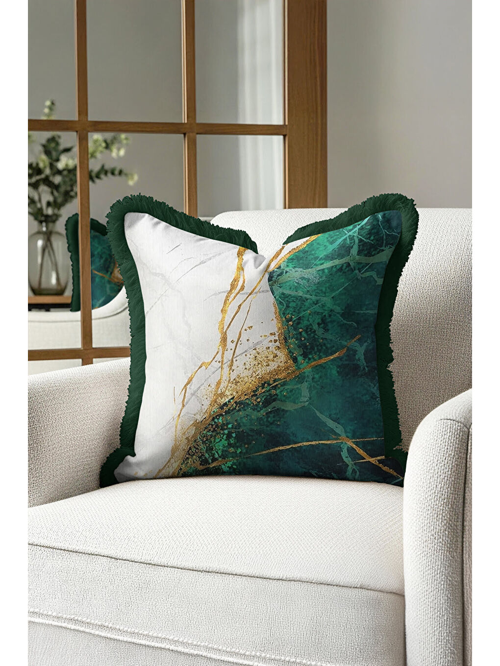 Karışık Zümrüt Mermer Altın Renkli Saçaklı Yastık Kılıfı - Lüks Modern Yeşil Altın Püsküllü Kırlent Kılıfı-4
