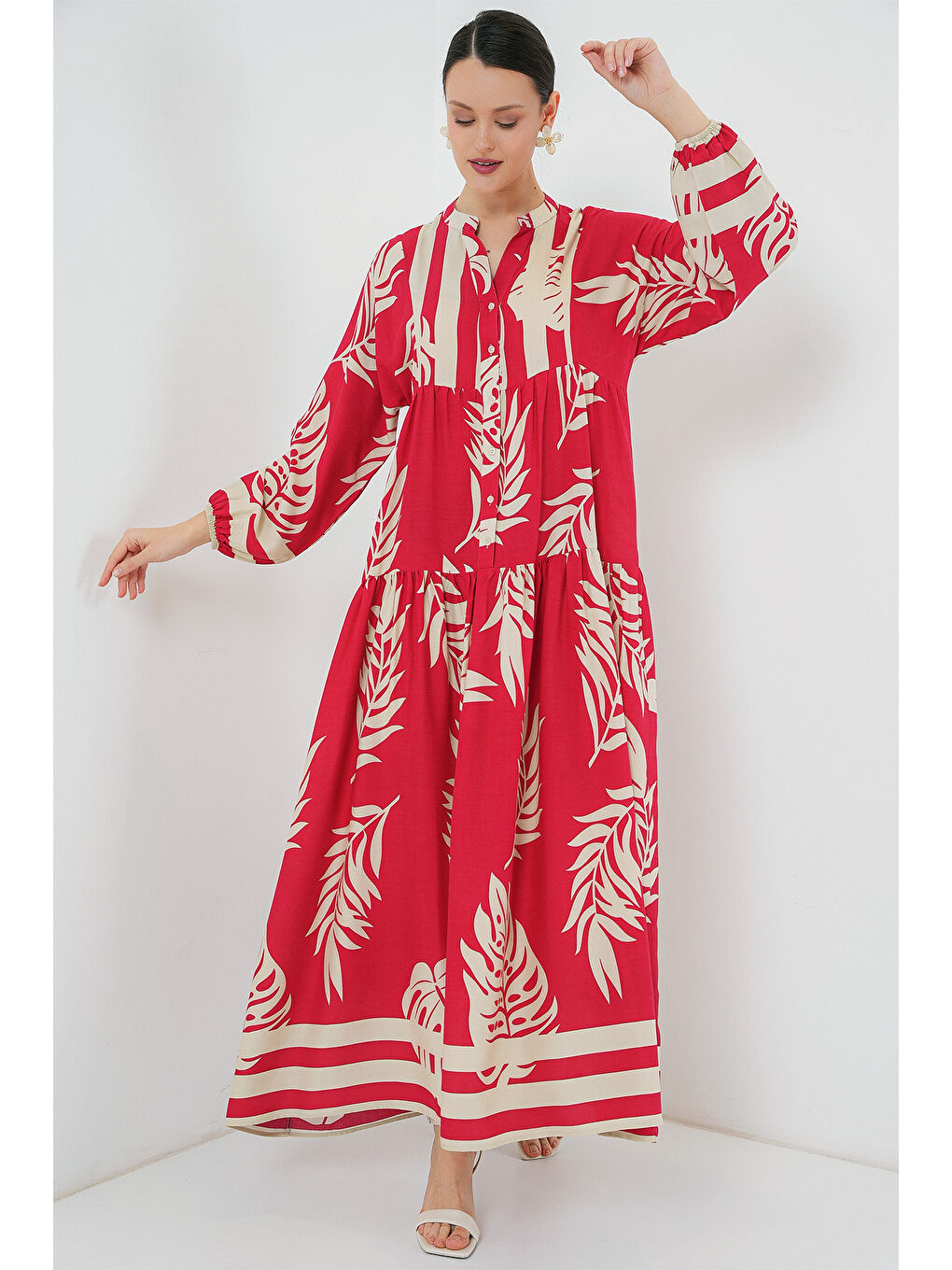 2423 Otantik Desenli Tesettür Elbise - H. Kırmızı