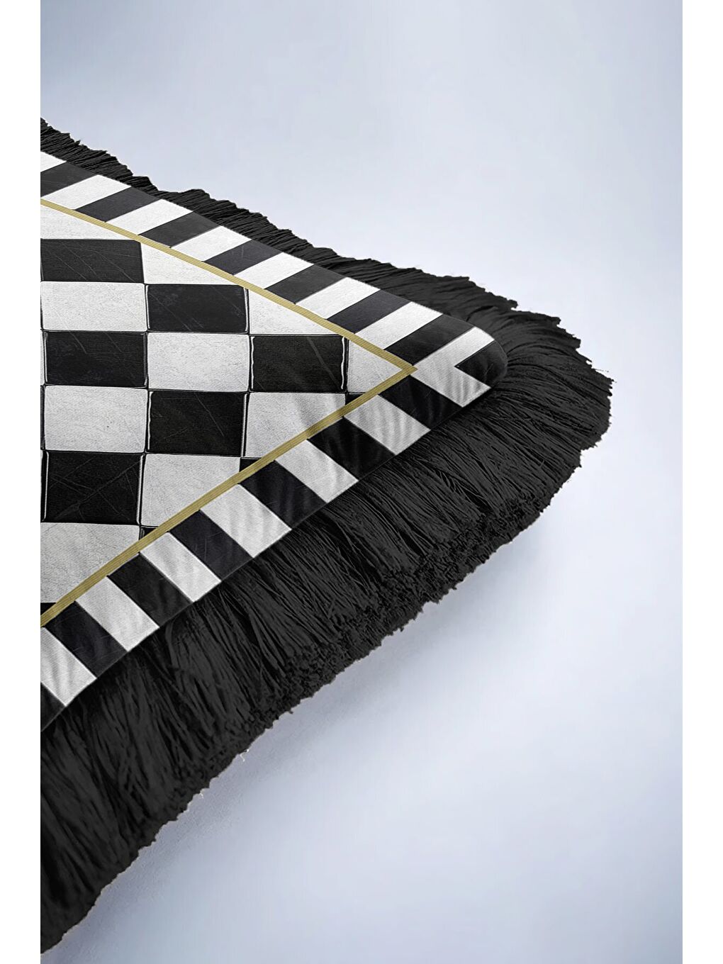 Karışık Lüks Vizyon Kareli Saçaklı Yastık Kılıfı - Monokrom Modern Altın Renkli Püsküllü Kırlent Kılıfı-6