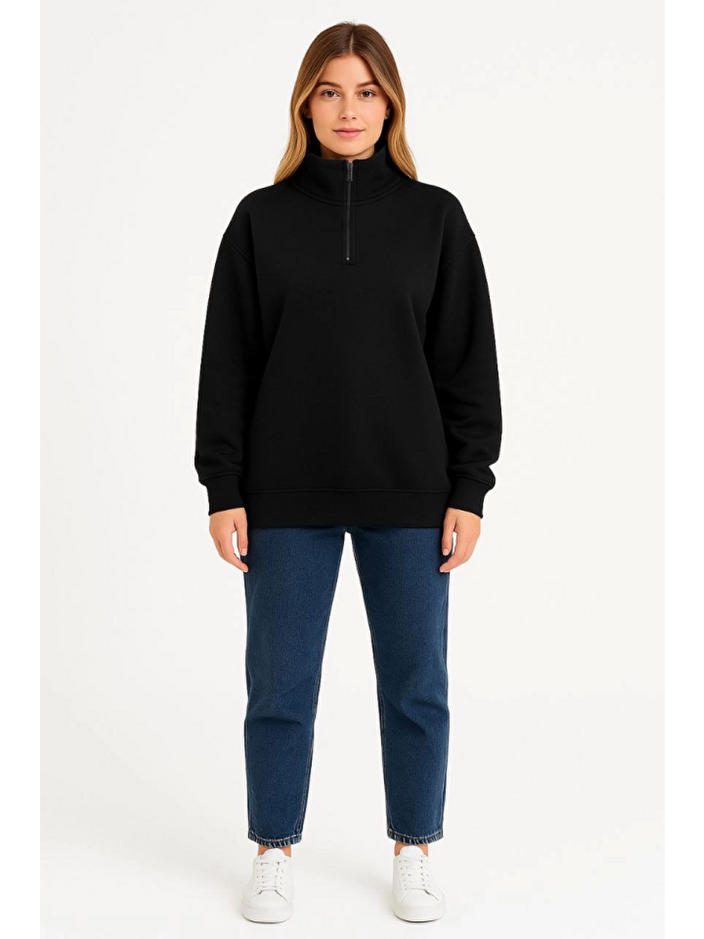 Üç İplik Dık Yaka Yarım Fermuarlı Sweatshirt - Siyah-1