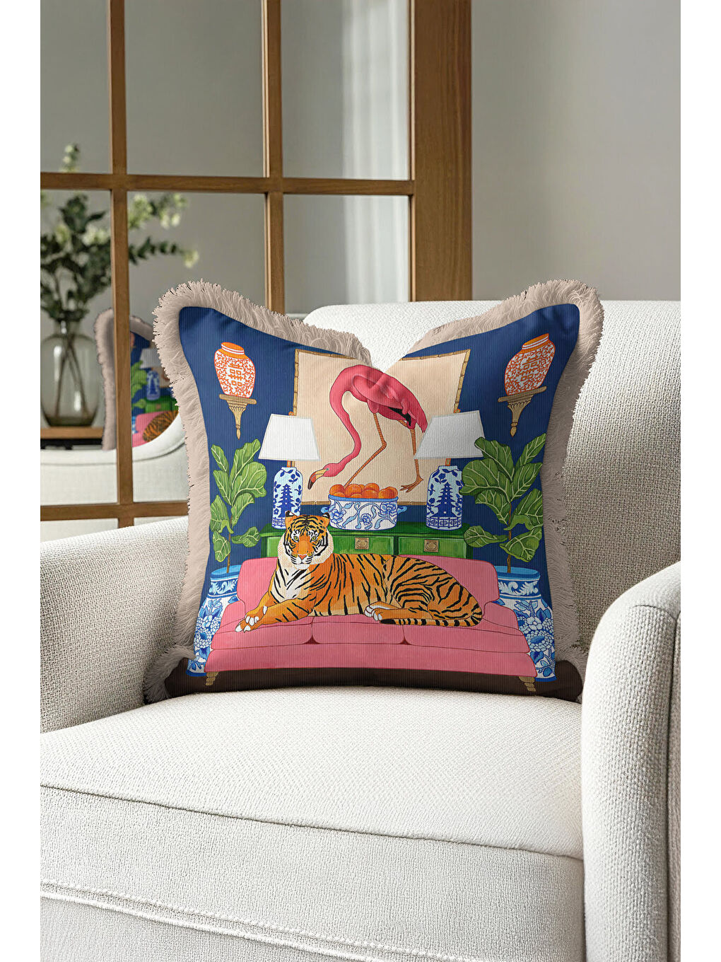 Karışık Lüks Hayvan Figürlü Saçaklı Yastık Kılıfı - Çarpıcı Eklektik Salon Mavi Püsküllü Kırlent Kılıfı