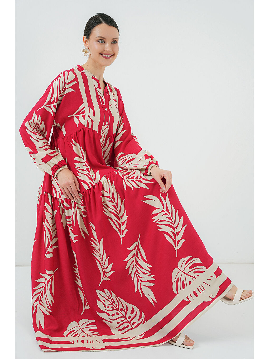 2423 Otantik Desenli Tesettür Elbise - H. Kırmızı-1
