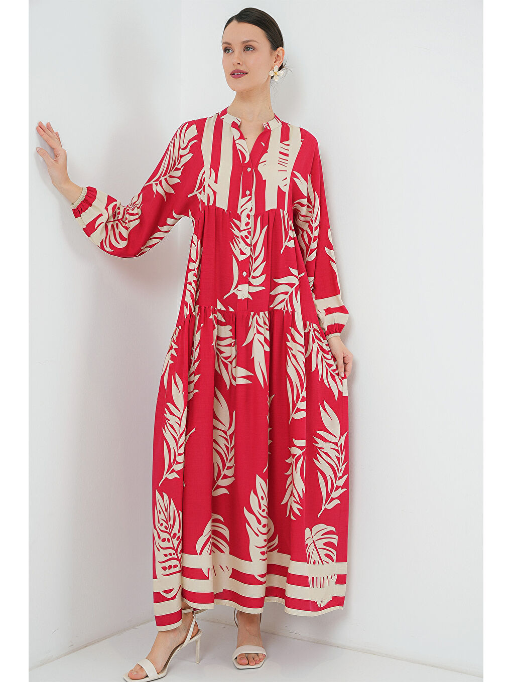 2423 Otantik Desenli Tesettür Elbise - H. Kırmızı-2