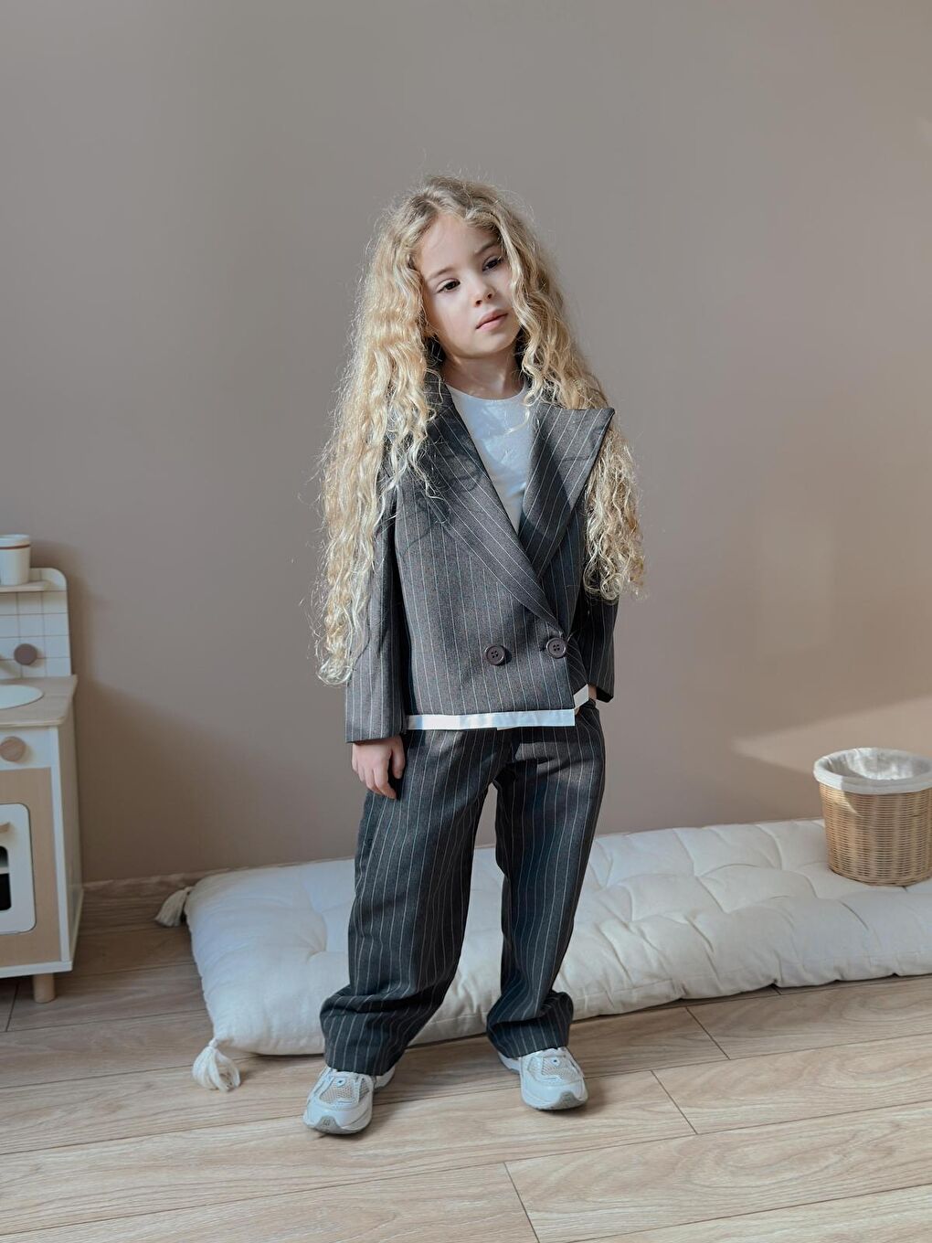 Kız Çocuk Çizgili Pantolon Ceket Antrasit Alt Üst Takım-1