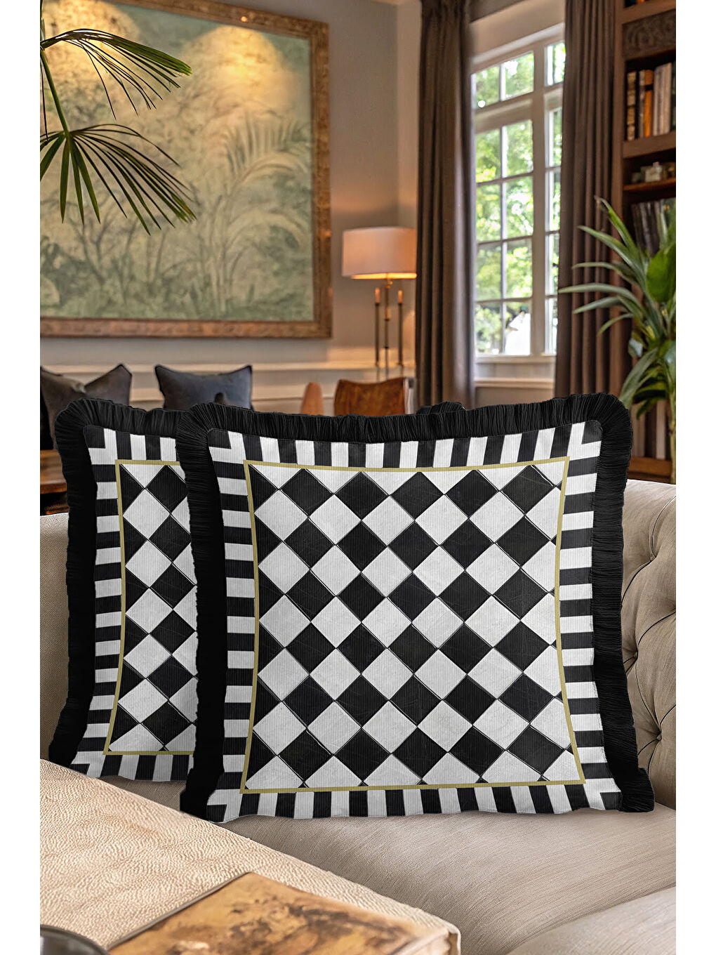 Karışık Lüks Vizyon Kareli Saçaklı Yastık Kılıfı - Monokrom Modern Altın Renkli Püsküllü Kırlent Kılıfı-7