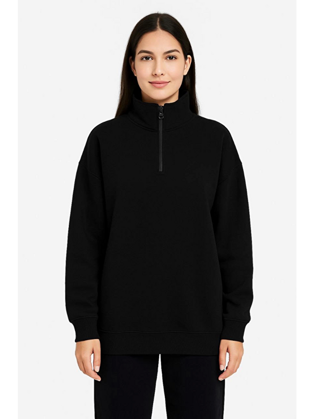Üç İplik Dık Yaka Yarım Fermuarlı Sweatshirt - Siyah-2