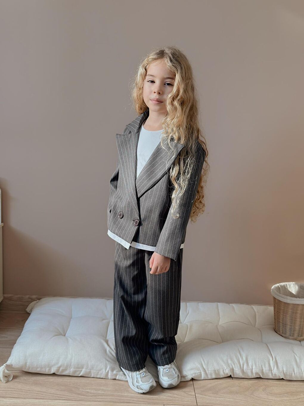 Kız Çocuk Çizgili Pantolon Ceket Antrasit Alt Üst Takım-2