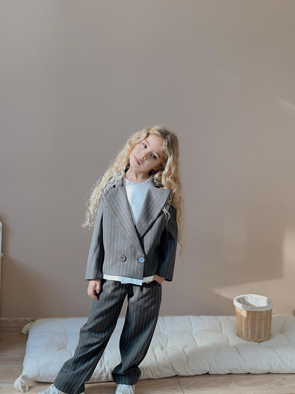 Kız Çocuk Çizgili Pantolon Ceket Antrasit Alt Üst Takım-3