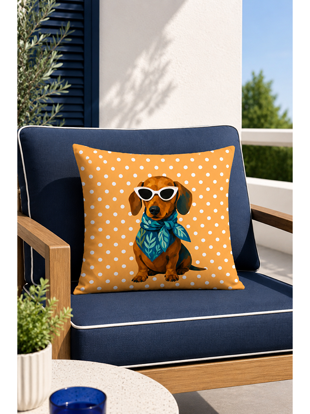 Sarı Gözlüklü Köpek Puantiyeli Dekoratif Kırlent Kılıfı Modern Bohem Salon Dekor 43x43 Cm-3