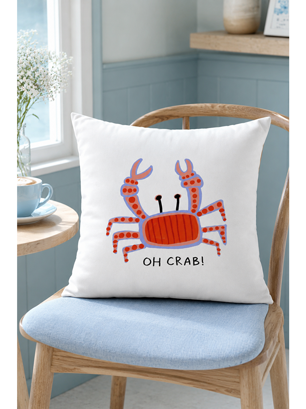 Beyaz Oh Crab Yengeç Yazı Baskılı Marin Dekoratif Kırlent Kılıfı Yazlık Dekor 43x43 Cm-5